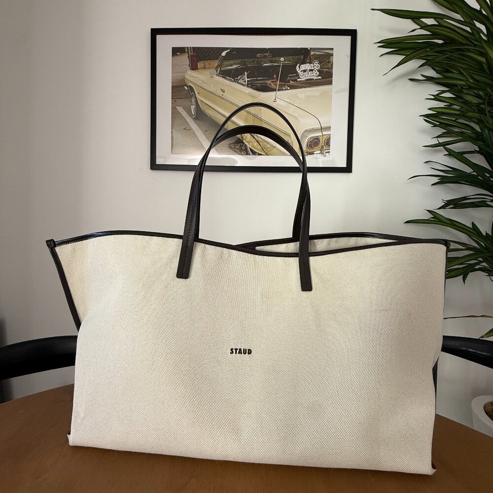 STAUD Christos Large Canvas w/ Leather Oversized Tote Bag, Cream and Brown